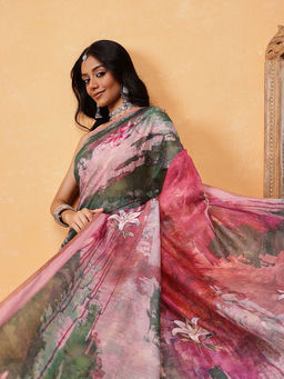 Silk Land - Printed Cotton Blend Saree with Unstitched Blouse