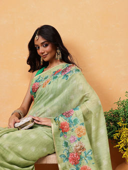 Silk Land - Cotton Blend Floral Print Saree with Unstitched Blouse