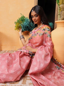 Silk Land - Cotton Blend Floral Print Saree with Unstitched Blouse