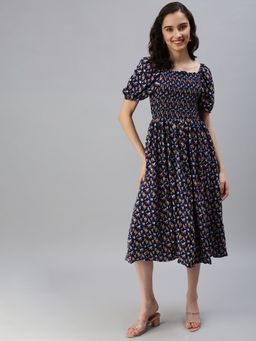 SHOWOFF - Women's Floral Navy Blue Fit And Flare Dress