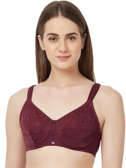 SOIE - Women's Full Coverage Non-Padded Wired Lace Bra-Maroon