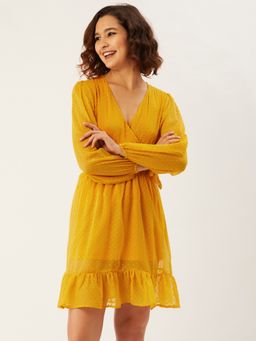 ANVI Be Yourself - Women Mustard Yellow Self Design Wrap Dress