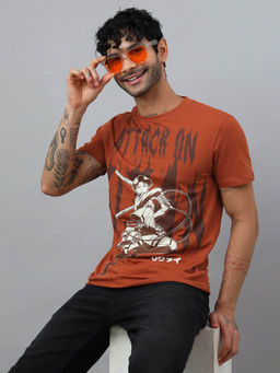 Free Authority - Men Attack On Titan Graphic Cotton Rust T-shirt
