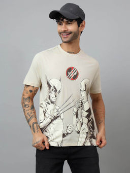 Free Authority - Men Deadpool and Wolverine Graphic Cotton Beige T-shirt