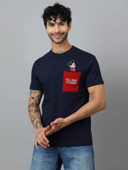 Free Authority - Men Mickey and Friends Embroidery Cotton Navy Blue T-shirt