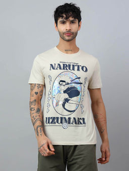 Free Authority - Men Naruto Graphic Cotton Beige T-shirt