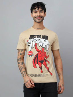 Free Authority - Men Superman Graphic Cotton Beige T-shirt