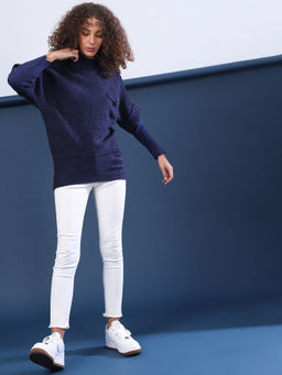 Campus Sutra - Navy Blue Women Self Design Stylish Casual Sweaters