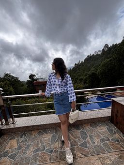 ALLUREARMOIRE - Women Premium Regular Fit Frost White Shirt with Blue Flowers