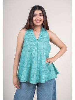The Indian Ethnic Co. - Aqua Blue Printed Cotton A-Line Short Top