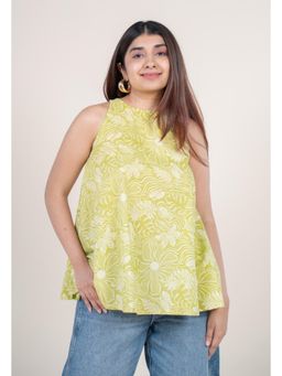 The Indian Ethnic Co. - Lime Green Printed Cotton A-Line Short Top