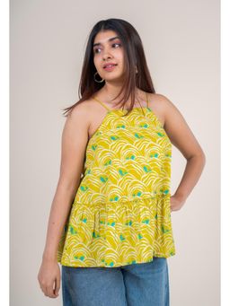 The Indian Ethnic Co. - Lime Yellow Printed Cotton A-Line Short Top