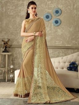 Odette - Beige Lycra Designer Saree with Unstitched Blouse