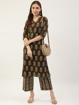 FIORRA - Mehendi Green Floral Printed Kurta with Pant (Set of 2)