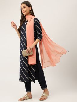 FIORRA - Navy Blue Floral Foil Print Kurta with Pant and Dupatta (Set of 3)
