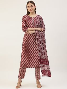FIORRA - Maroon Block Printed Kurta with Pant and Dupatta (Set of 3)