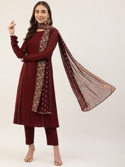 FIORRA - Maroon Solid Kurta with Pant and Printed Dupatta (Set of 3)