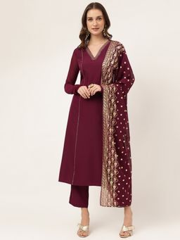 FIORRA - Burgundy Solid Gota Anarkali Kurta with Pant and Dupatta (Set of 3)