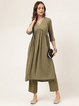 FIORRA - Olive Stripes Printed Anarkali Kurta with Pant (Set of 2)