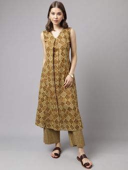 FIORRA - Brown Geometric Printed Anarkali Kurta with Palazzo (Set of 2)