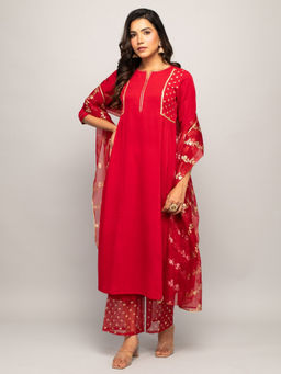FIORRA - Red Solid Kurta with Palazzo and Printed Dupatta (Set of 3)