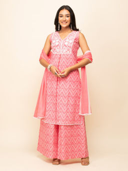 FIORRA - Peach Printed Embroidered Kurta with Palazzo and Dupatta (Set of 3)