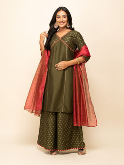 FIORRA - Olive Printed Gota Work Kurta with Palazzo and Dupatta (Set of 3)