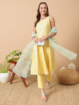FIORRA - Yellow Stripes Printed Anarkali Kurta with Pant and Dupatta (Set of 3)