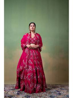 Ayush Jain - Morika Rani Pink Bird and Floral Embroidered Lehenga and Blouse with Dupatta