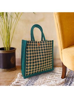 Earth Bags - GREEN HOUNDSTOOTH PRINTED LUNCH BAGS WITH LOOP CLOSURE.