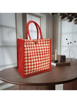 Earth Bags - RED & NATURAL HOUNDSTOOTH PRINTED LUNCH BAGS WITH LOOP CLOSURE.