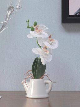 At Home by Nilkamal - artificial Orchid Teapot Potted Plant|10 x 21 cm|White