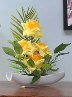 At Home by Nilkamal - artificial Rose Boat Potted Plant|30 x 40.5 cm|Yellow