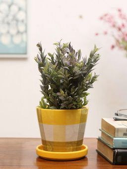 At Home by Nilkamal - Terracotta Checks Floral Planter||13.8 x 12.5 cm|Yellow