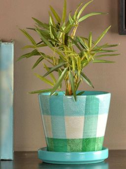 At Home by Nilkamal - Terracotta Nova Check Floral Planter||14 x 13 cm|Seagreen