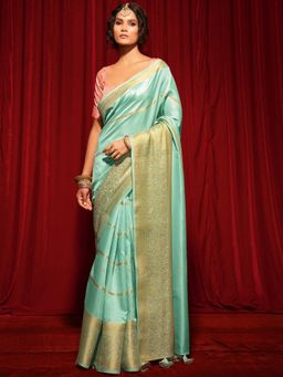 Akhilam - Womens Silk Blend Sea Green Woven Design Designer Saree with Unstitched Blouse