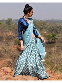 Chidiyaa - Flow Sea Blue Blockprinted Modal Silk Saree Bel