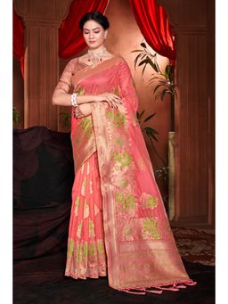 Sangam Prints - Pink Silk Woven Zari Work Traditional Tassel Saree with Unstitched Blouse