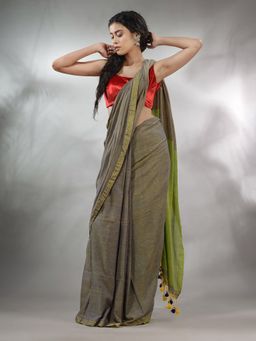 CHARUKRITI - Olive Green Cotton Handspun Soft Saree with Light Green Pallu & Unstitched Blouse
