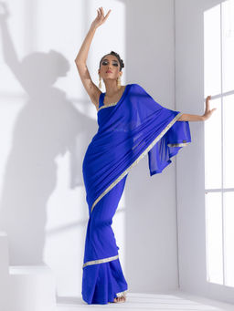 Swtantra - Badtameez Blue Georgette Saree with Lace & Posh Unstitched Blouse Fabric