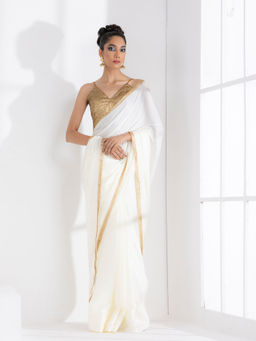 Swtantra - Majestic Cream Satin Saree with Gold Lace & without Blouse