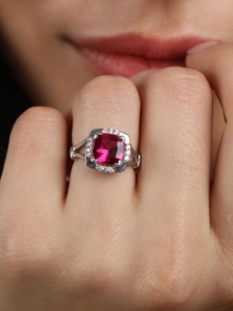 CLARA - 925 Silver Rhodium Plated Swiss Zirconia Blood Red Cushion Adjustable Ring For Women & Girls