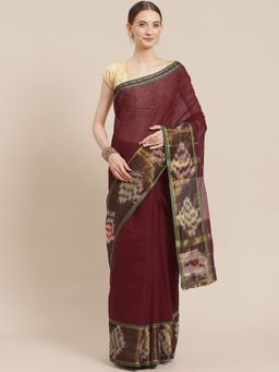 ISHIN - Womens Cotton Blend Maroon Solid Woven Pochampally Saree with Unstitched Blouse
