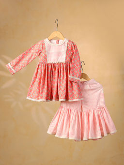 CASA NINOS - Peach Printed Kurta and Sharara