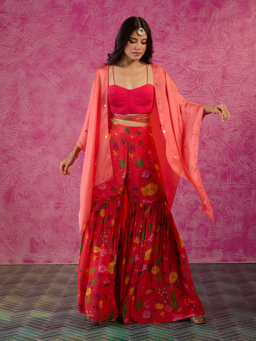 Gajra Gang Frida Farida Coral Crepe Embellished Fusion Cape Sharara Set GGFFSKD14