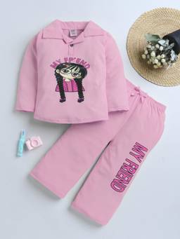 FOURFOLDS - Girls Pink Cotton Blend Graphic Print Night Suit Set