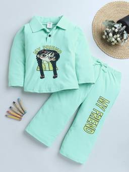 FOURFOLDS - Girls Sea Green Cotton Blend Graphic Print Night Suit Set