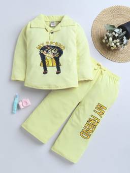 FOURFOLDS - Girls Yellow Cotton Blend Graphic Print Night Suit Set