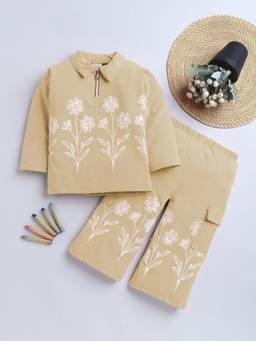 FOURFOLDS - Girls Beige Cotton Blend Floral Embroidered Night Suit Set