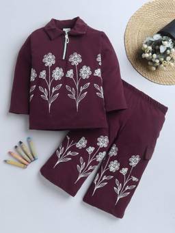 FOURFOLDS - Girls Burgundy Cotton Blend Floral Embroidered Night Suit Set